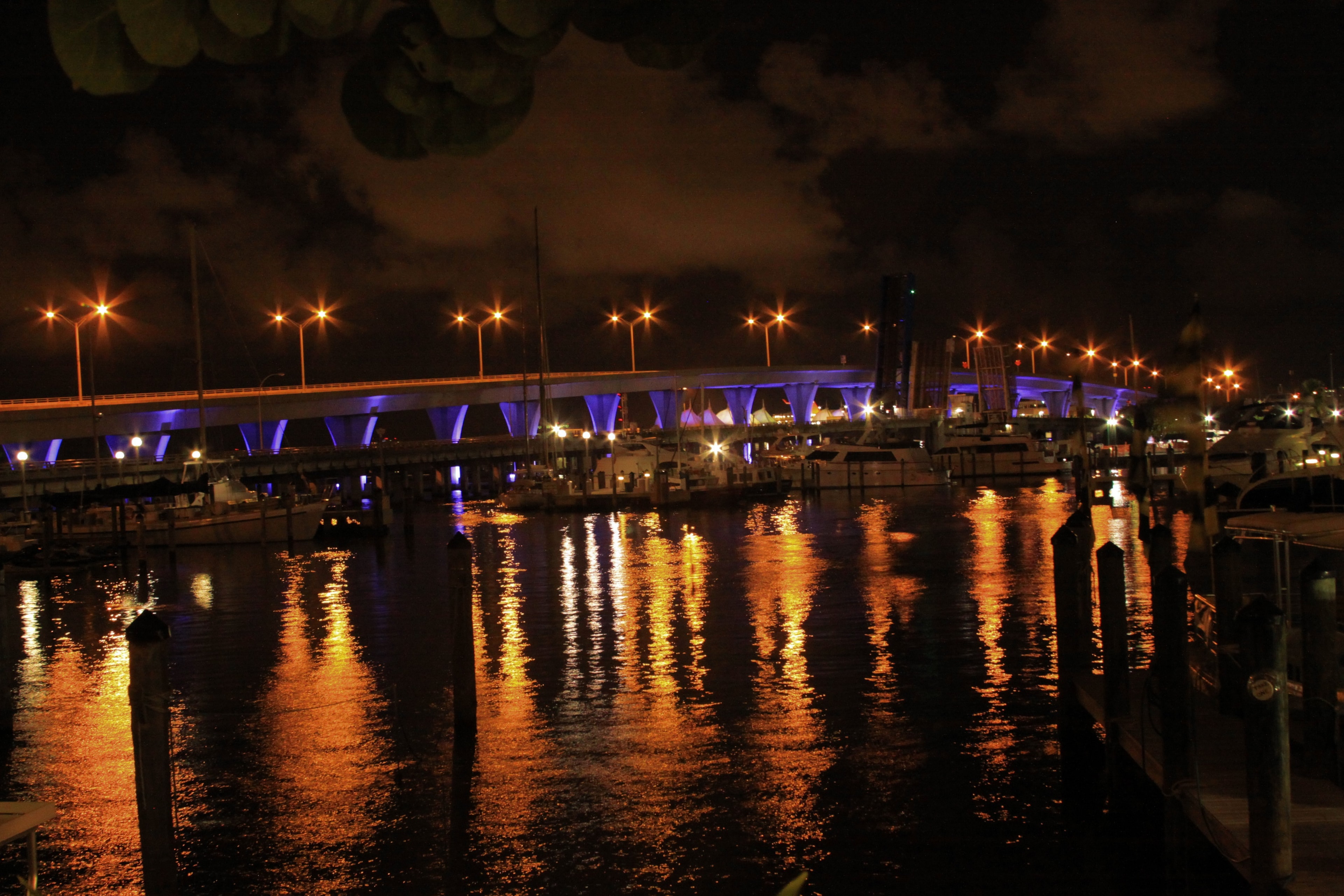 Illuminated waterfront bridge reflected at night