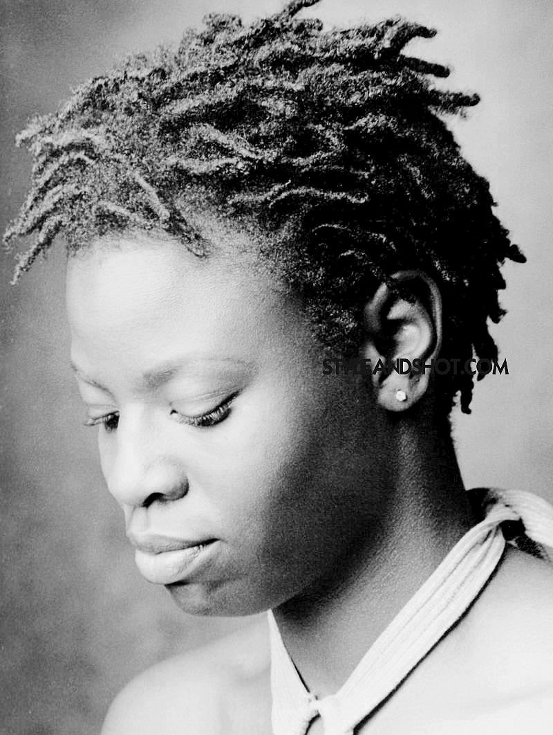 Black and white portrait woman looking down